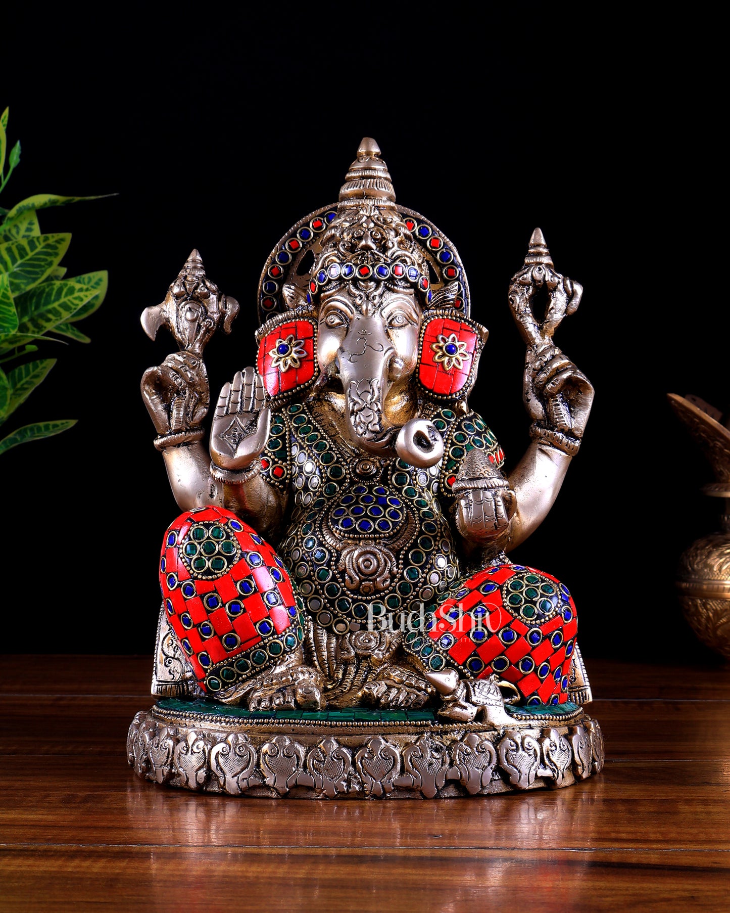 Brass Lord Ganesha Statue with Oval Base 10" multicolour