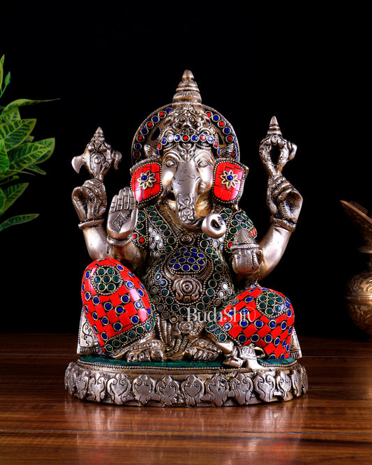 Brass Lord Ganesha Statue with Oval Base 10" multicolour
