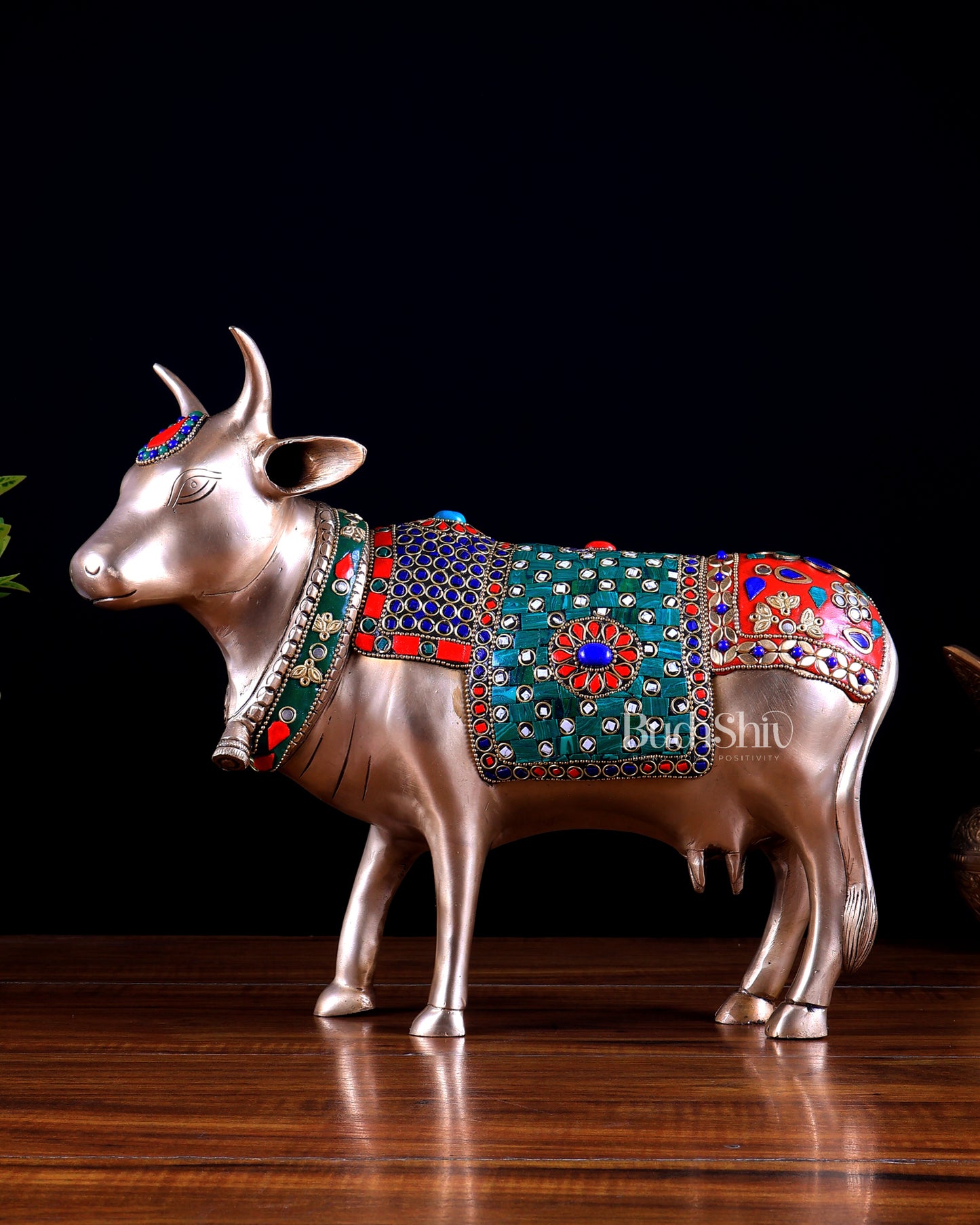Brass Standing Cow statue - Gomatha Statue with stonework | 13 inch