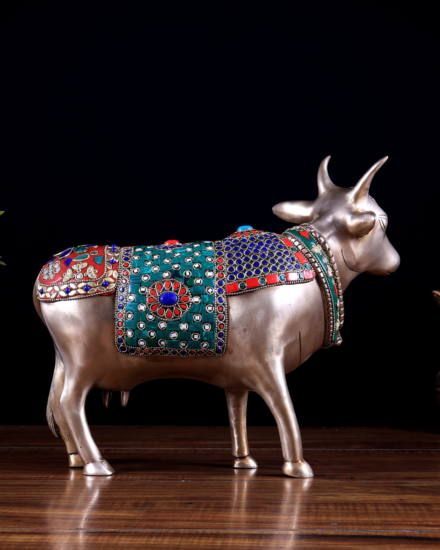 Brass Standing Cow statue - Gomatha Statue with stonework | 13 inch