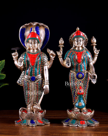 Brass Vishnu and Lakshmi idol pair 18" meenakari Stonework