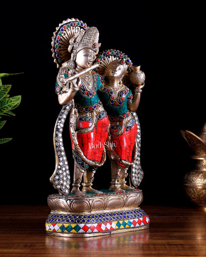 Superfine Brass Radha Krishna Idol - 12 Inch Stonework