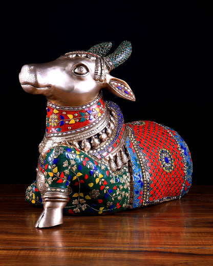 Brass Nandi statue with Exquisite Stonework 20 inch