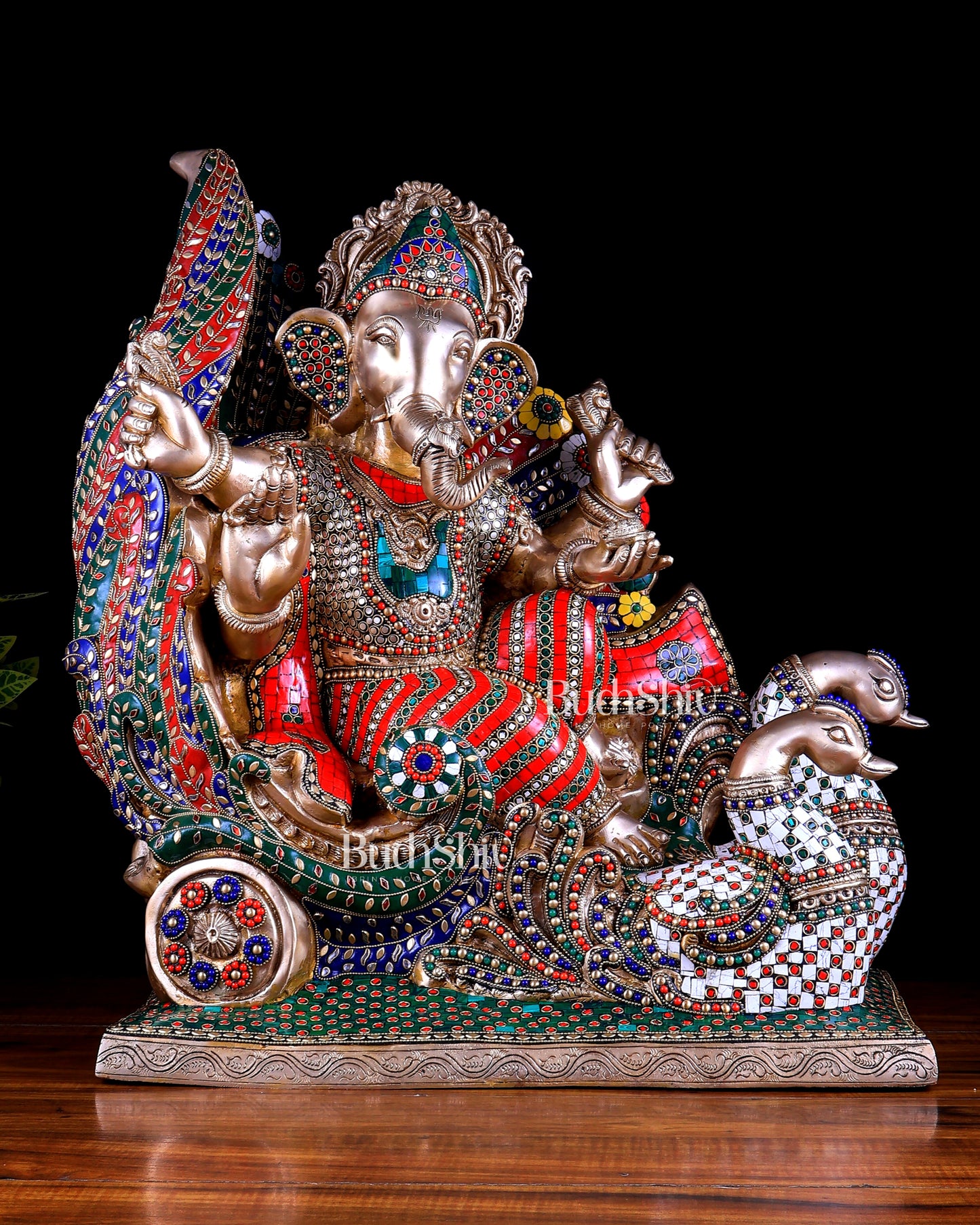 Brass Superfine Ganesha on Swan Chariot statue - 21.5 Inch Stonework