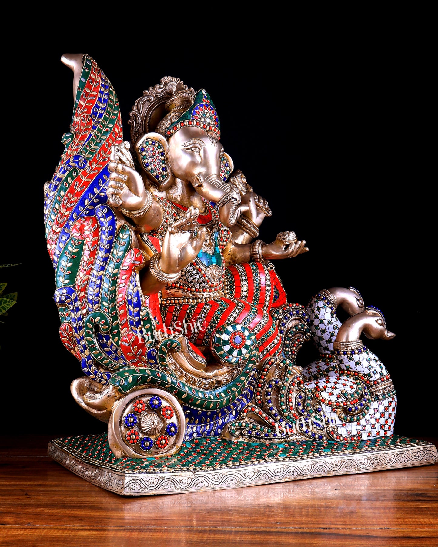 Brass Superfine Ganesha on Swan Chariot statue - 21.5 Inch Stonework