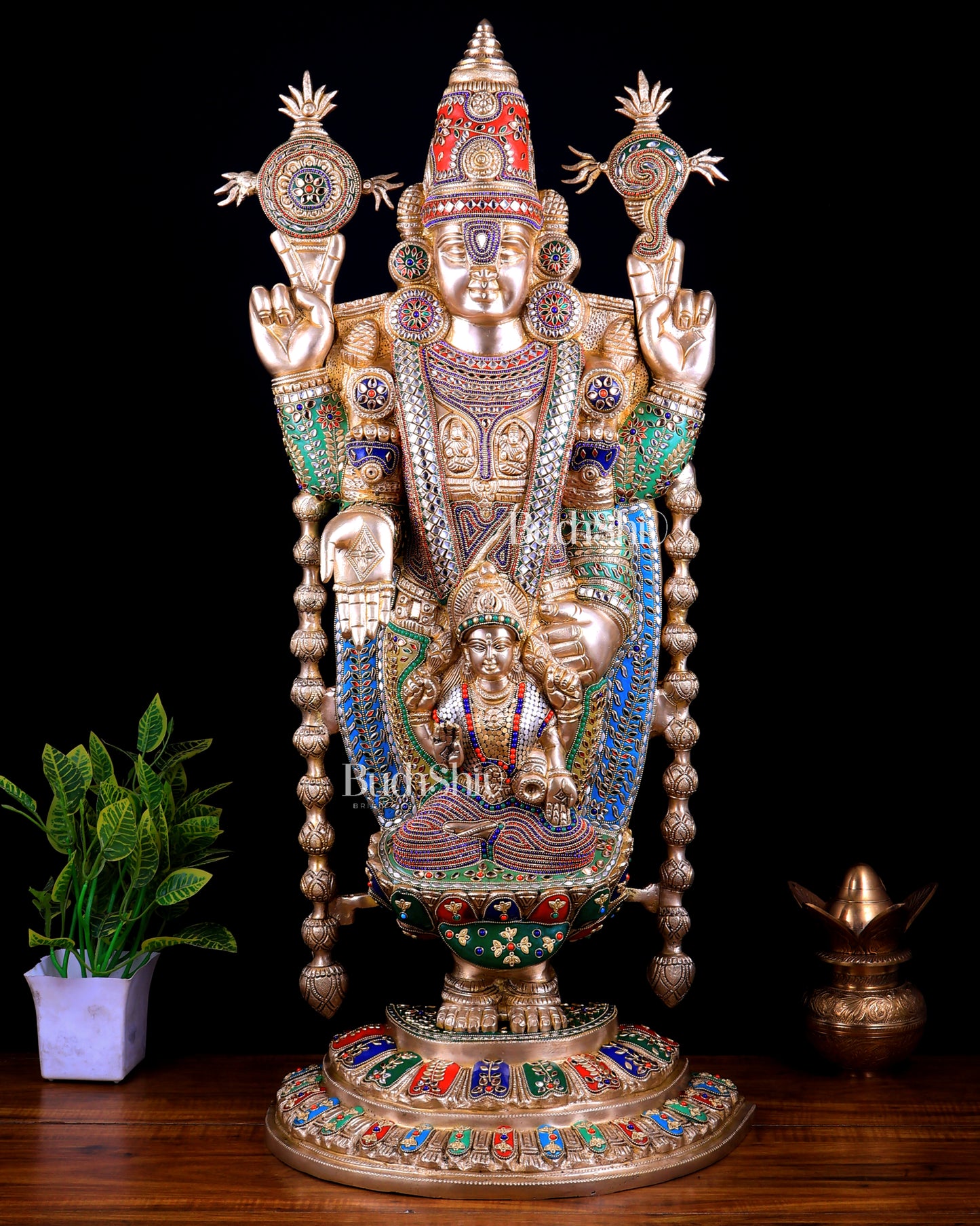 Pure Brass Tirupati Balaji Statue with Lakshmi 34.5 inch meenakari Stonework