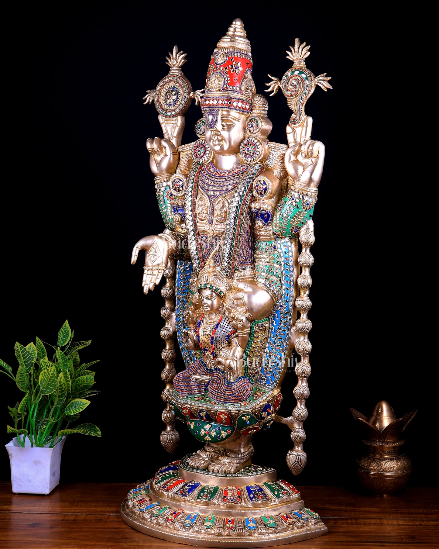 Pure Brass Tirupati Balaji Statue with Lakshmi 34.5 inch meenakari Stonework
