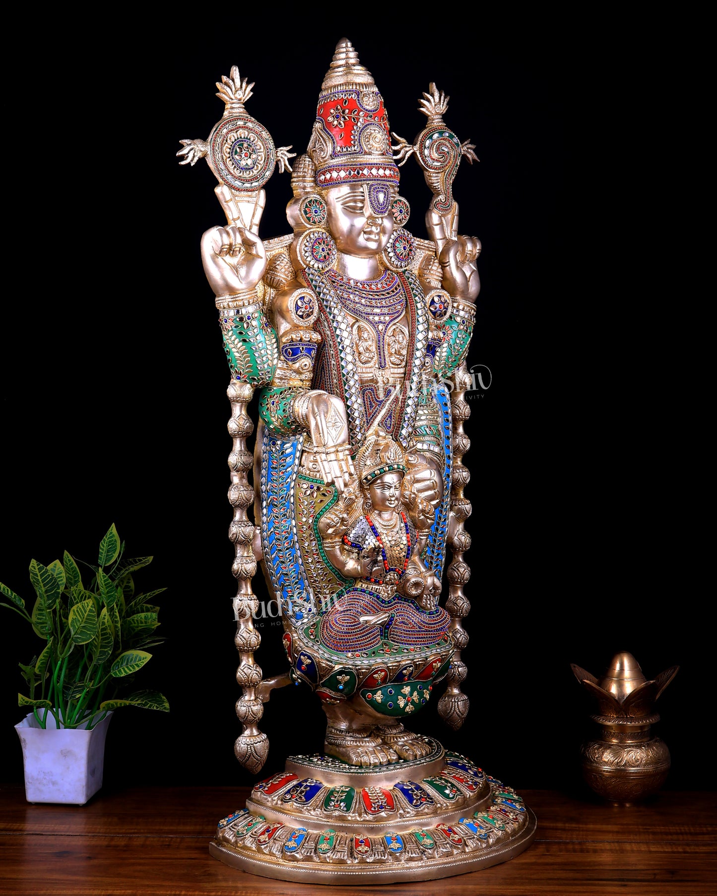 Pure Brass Tirupati Balaji Statue with Lakshmi 34.5 inch meenakari Stonework