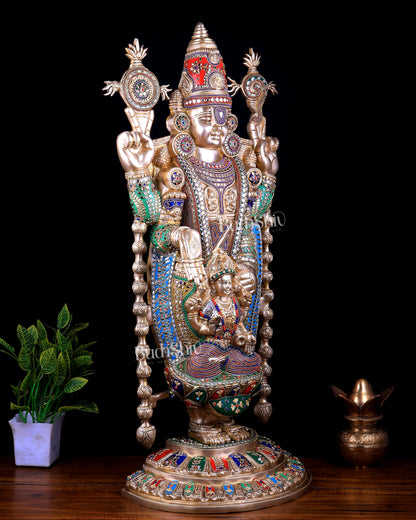 Pure Brass Tirupati Balaji Statue with Lakshmi 34.5 inch meenakari Stonework