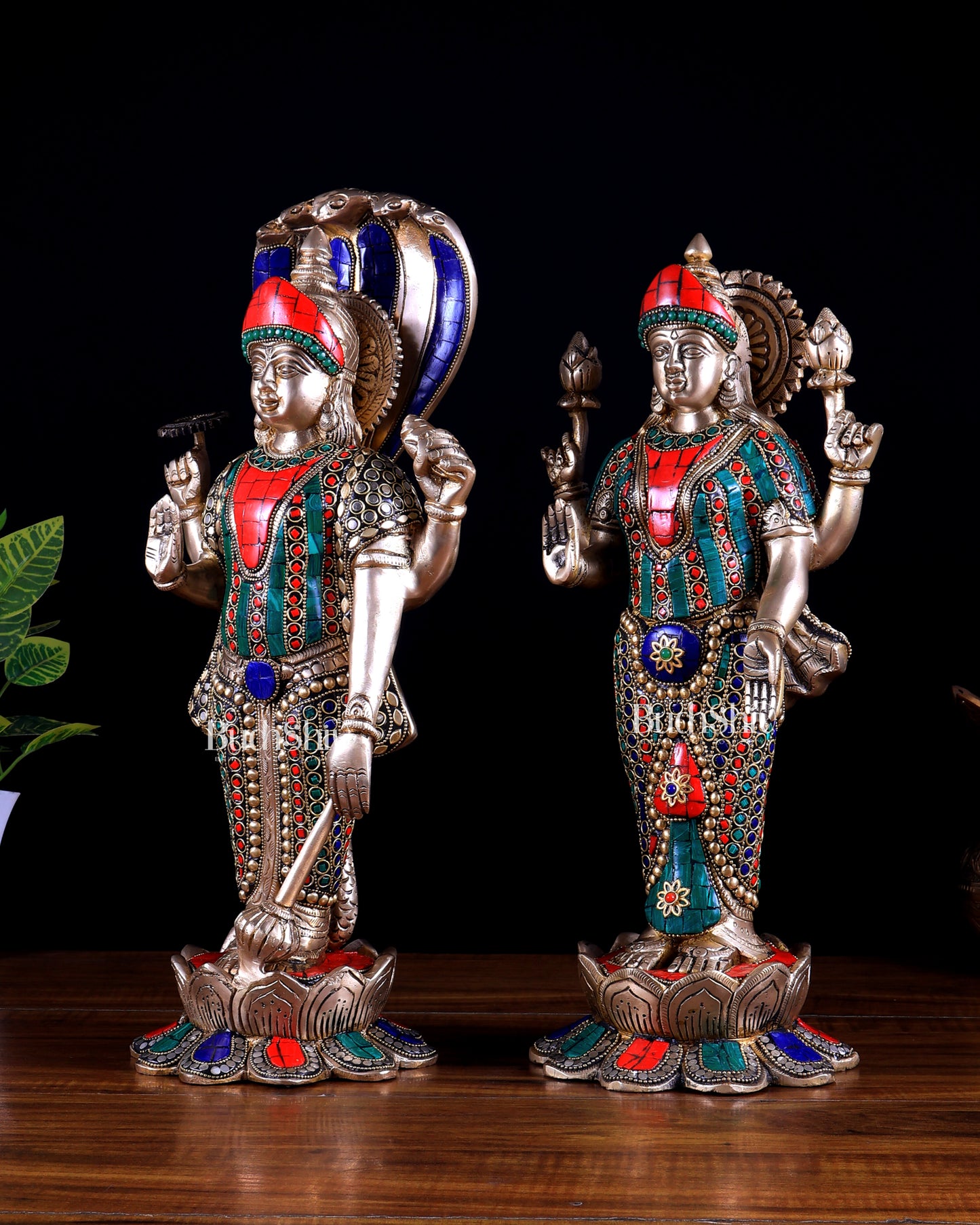 Brass Vishnu and Lakshmi idol pair 18" meenakari Stonework