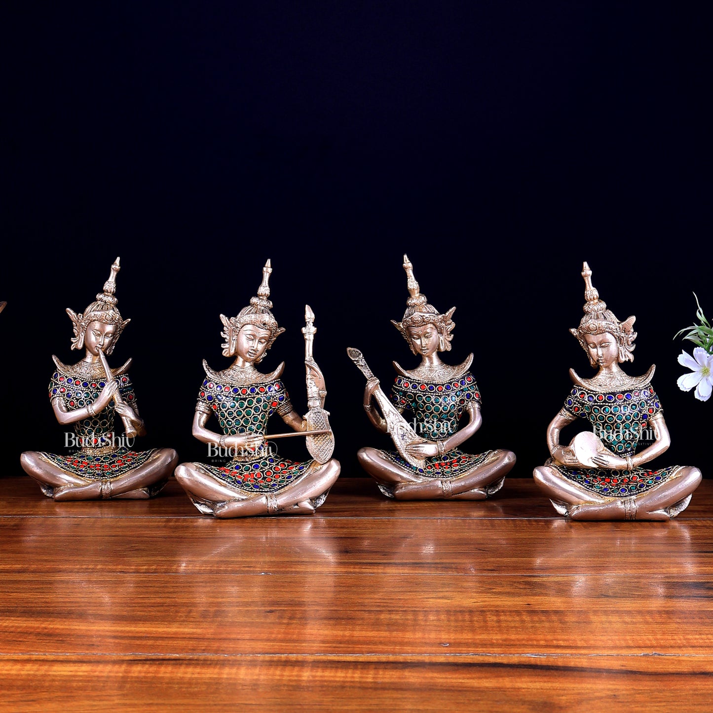 Handcrafted Thai Brass Musical Set of 4 with Natural Stones - 7.5"