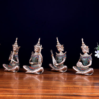 Handcrafted Thai Brass Musical Set of 4 with Natural Stones - 7.5"