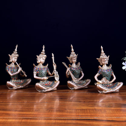 Handcrafted Thai Brass Musical Set of 4 with Natural Stones - 7.5"