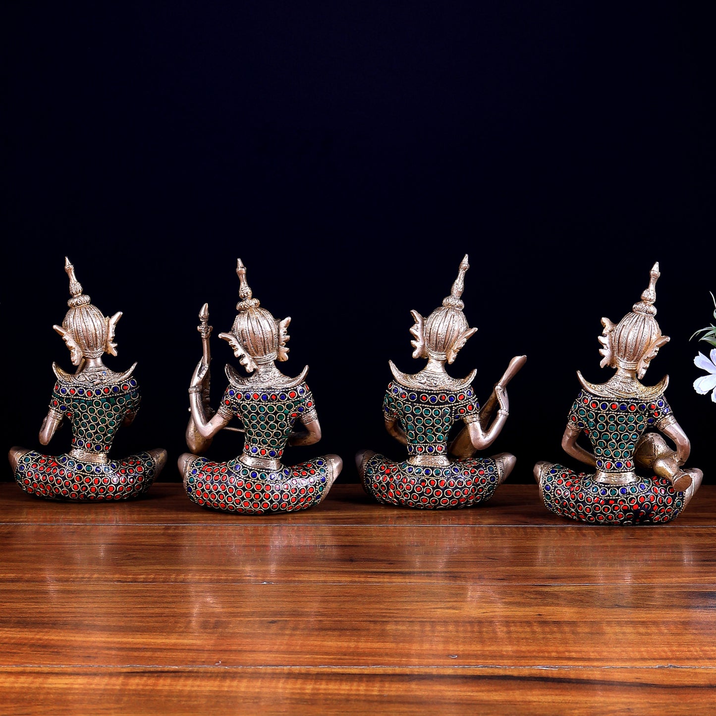 Handcrafted Thai Brass Musical Set of 4 with Natural Stones - 7.5"