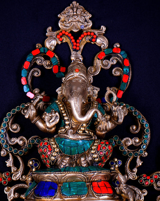 Brass Lord Ganesha Wall Hanging Statue with diya large 14 inch with stonework