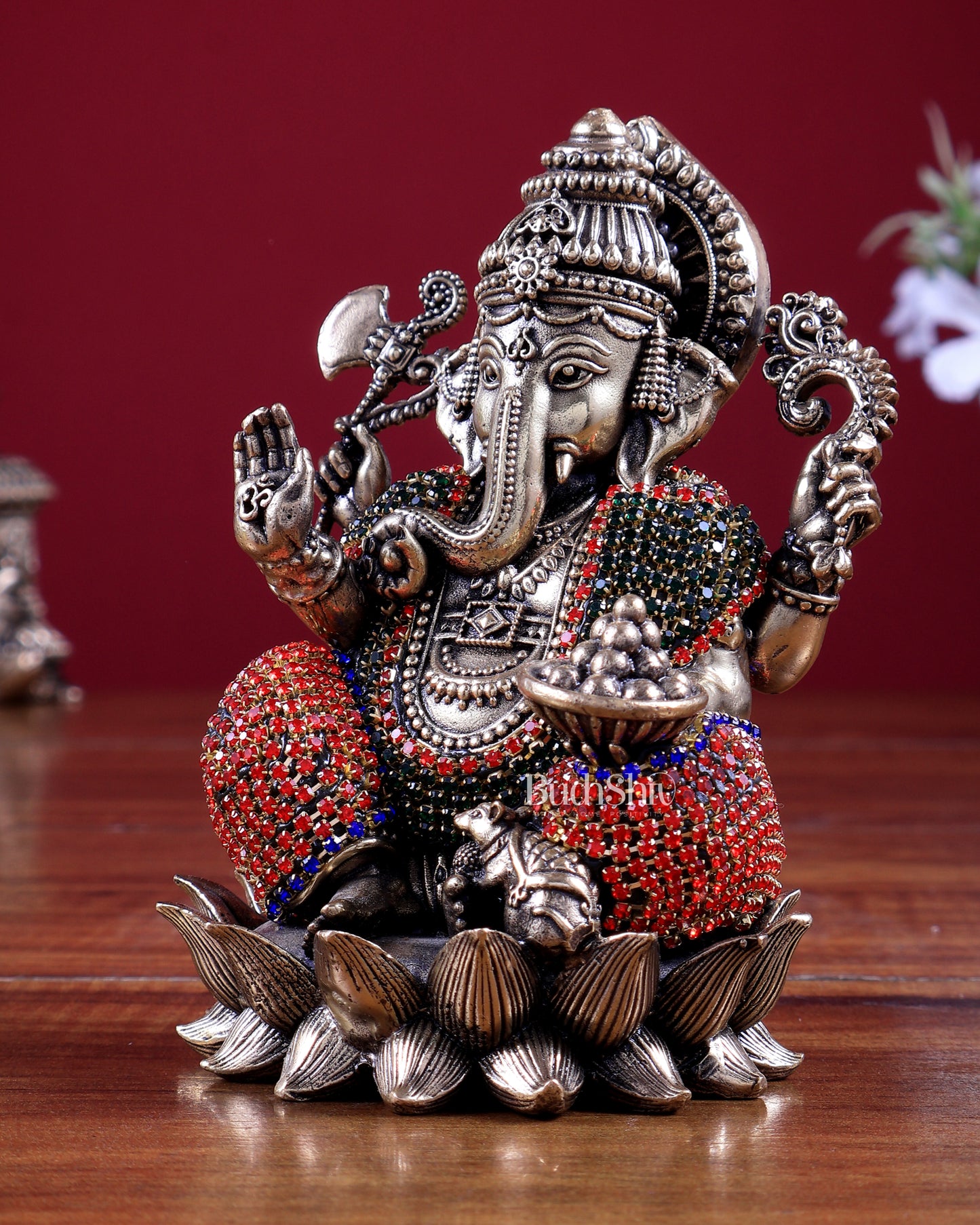 Brass Superfine Small Right trunk Ganesha Idol with jewellers meenakari- 5" Tall