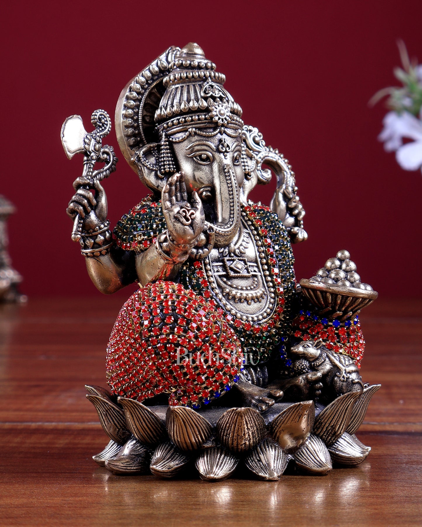Brass Superfine Small Right trunk Ganesha Idol with jewellers meenakari- 5" Tall