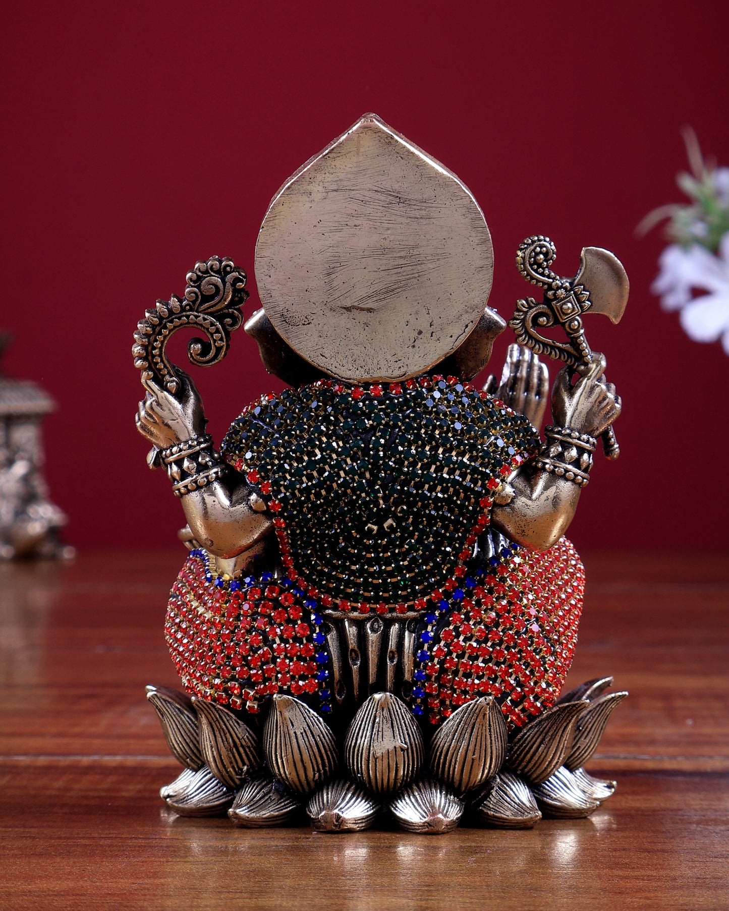 Brass Superfine Small Right trunk Ganesha Idol with jewellers meenakari- 5" Tall