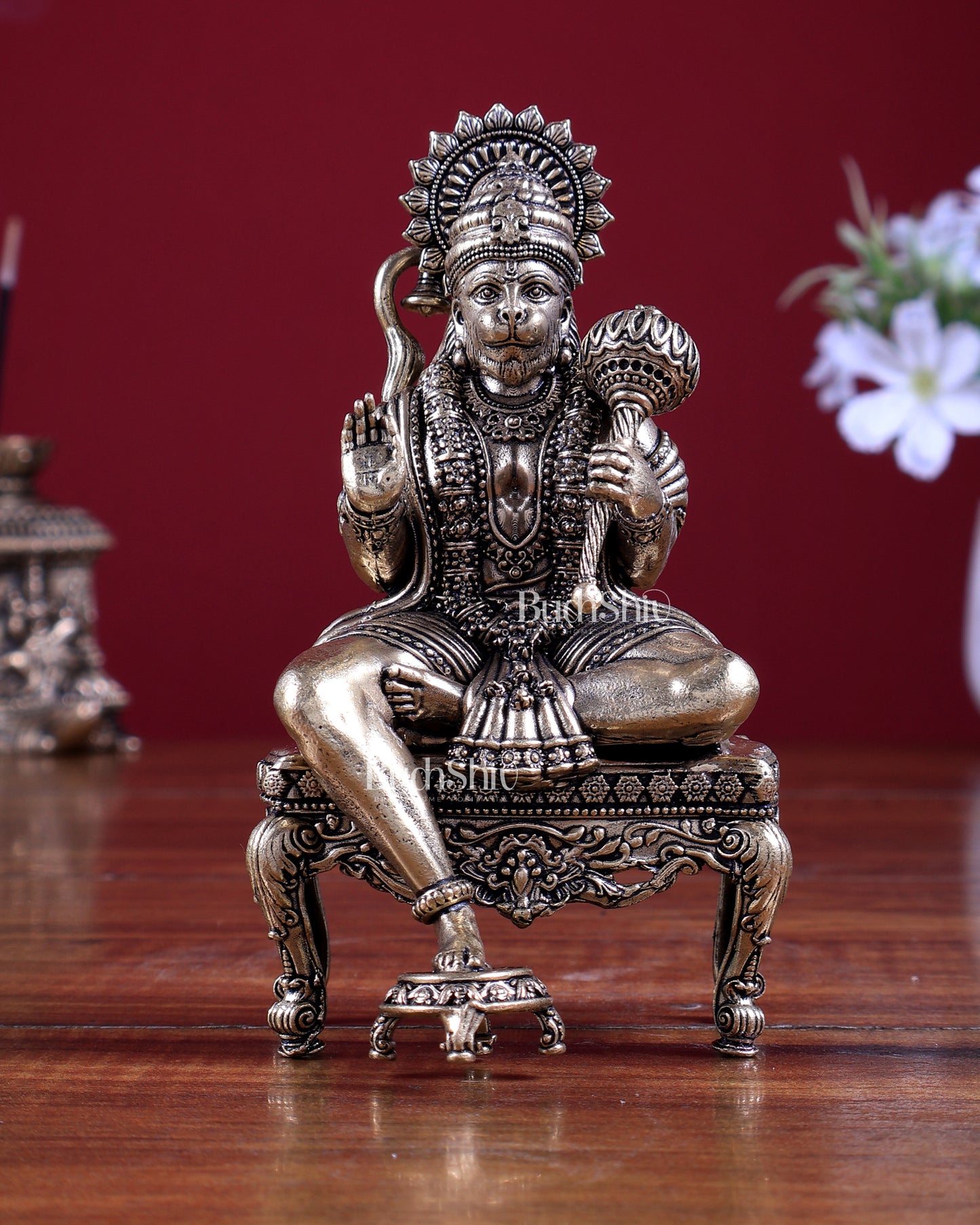 Brass Superfine Lord Hanuman on Throne Idol 5.2 inch