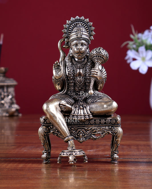 Brass Superfine Lord Hanuman on Throne Idol 5.2 inch