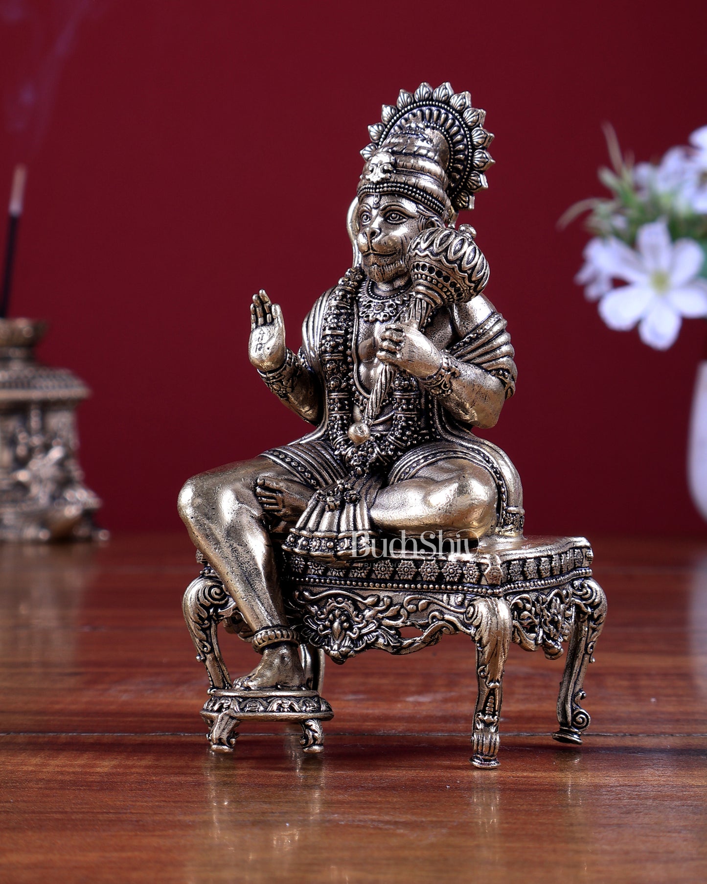 Brass Superfine Lord Hanuman on Throne Idol 5.2 inch