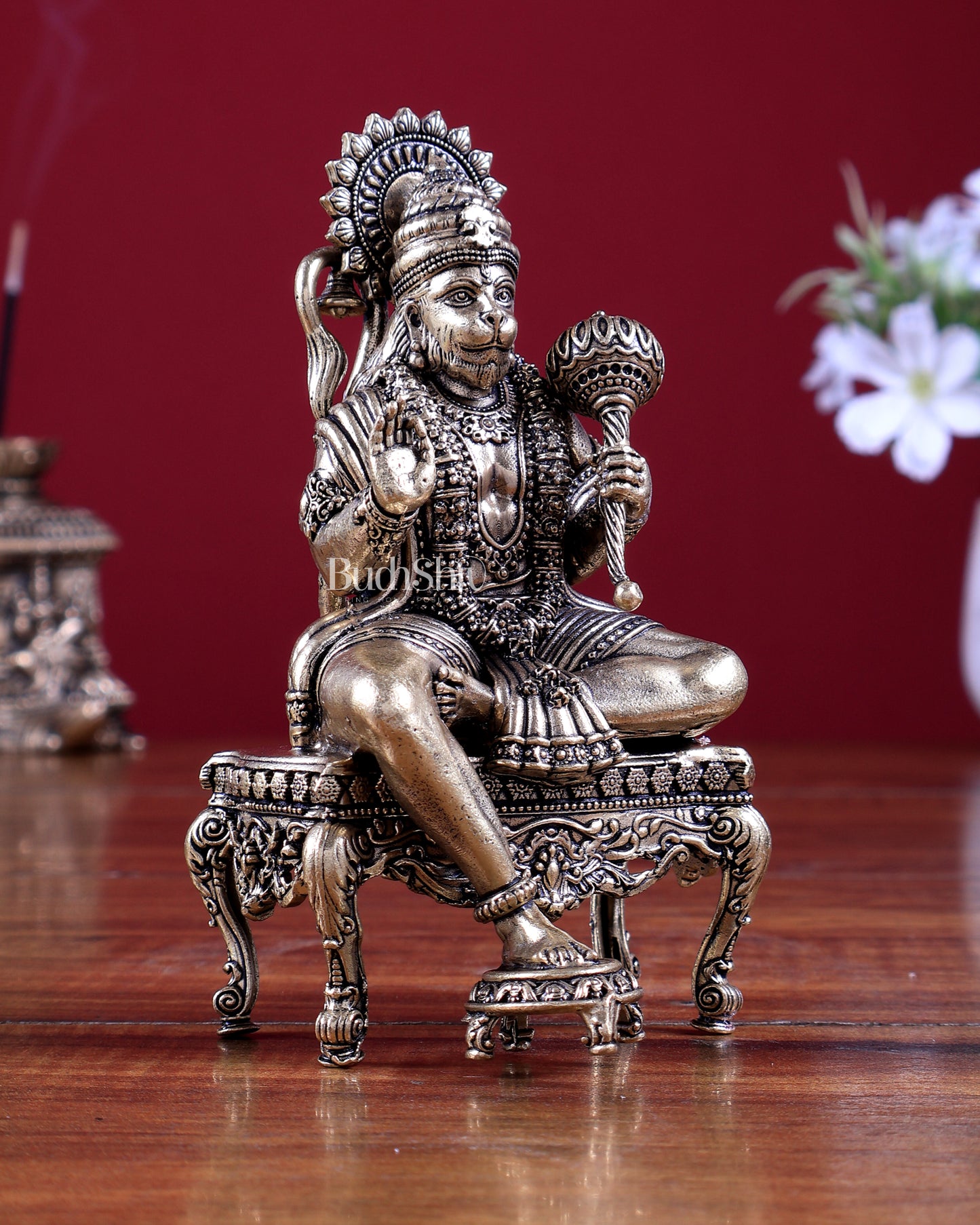Brass Superfine Lord Hanuman on Throne Idol 5.2 inch