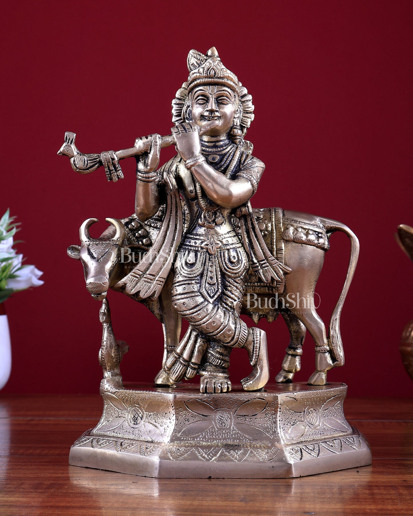 Brass Lord Krishna with Cow Idol 9.5 inch