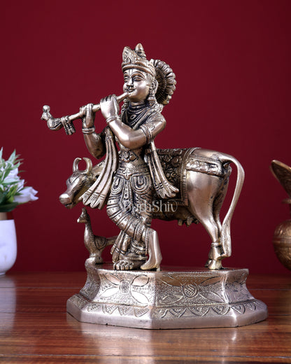 Brass Lord Krishna with Cow Idol 9.5 inch