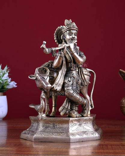 Brass Lord Krishna with Cow Idol 9.5 inch