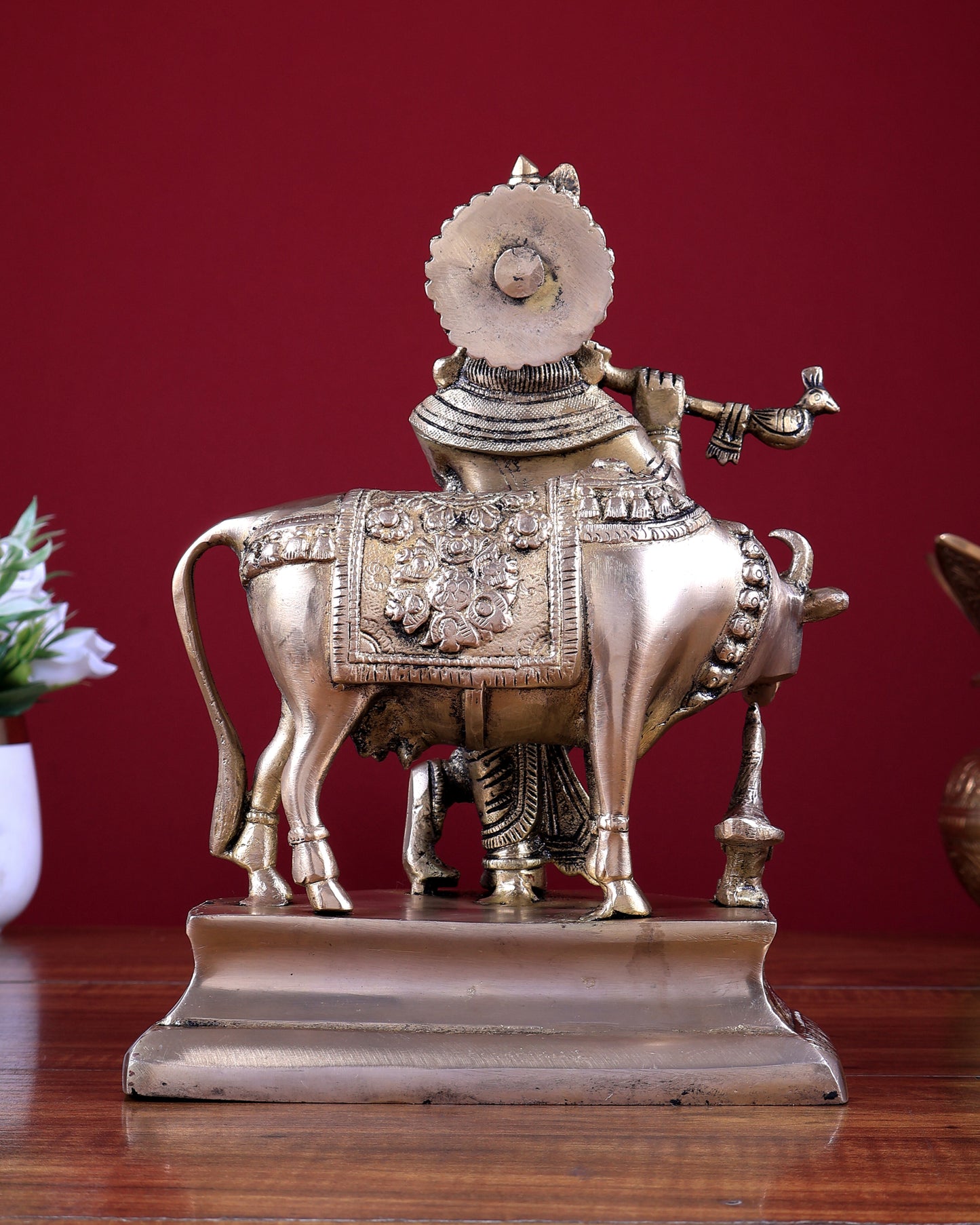 Brass Lord Krishna with Cow Idol 9.5 inch