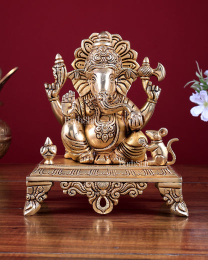 Brass Lord Ganesha with Kalash and Mooshak Idol 8 inch