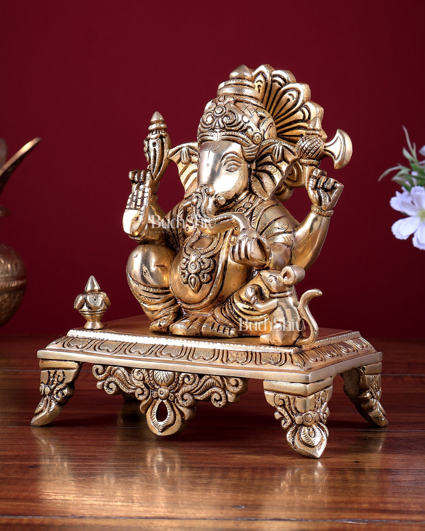 Brass Lord Ganesha with Kalash and Mooshak Idol 8 inch
