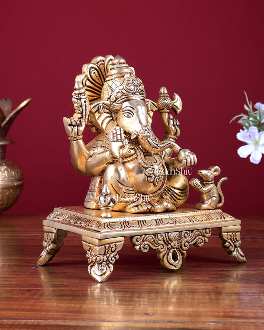 Brass Lord Ganesha with Kalash and Mooshak Idol 8 inch