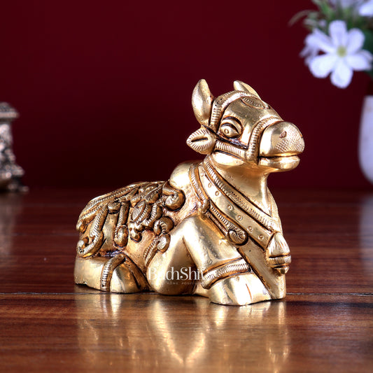 Brass Nandi Statue – Small Intricate Design 4"