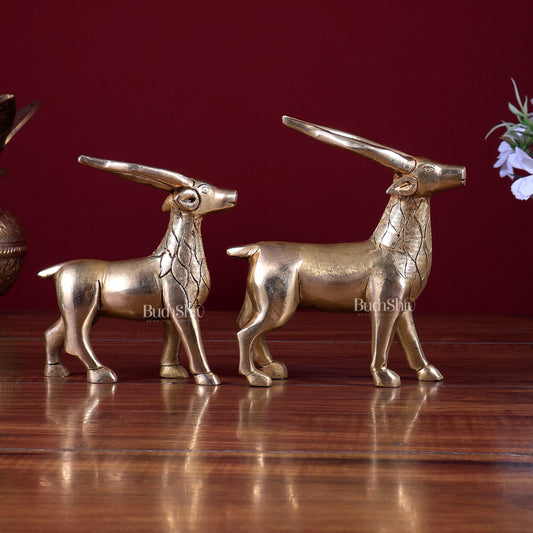 Brass Antelope Pair (One Small & One Big) – Vastu-Approved Deer with Horns Showpieces