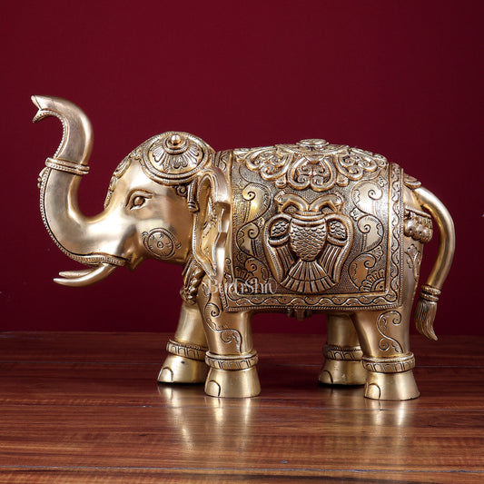 Brass Elephant with Dual Eagle Design 14"