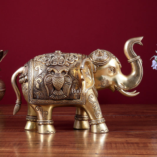 Brass Elephant Statue with Dual Eagle Design 10.5