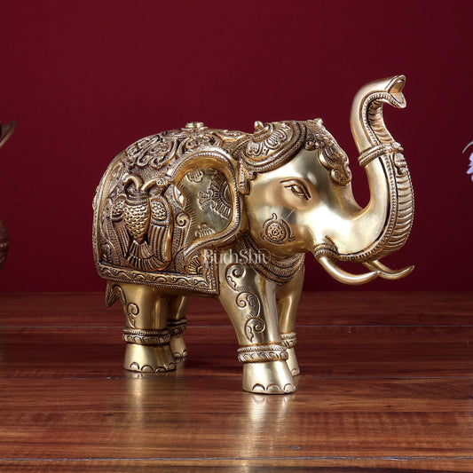 Brass Elephant Statue with Dual Eagle Design 10.5