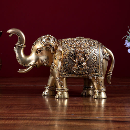 Brass Superfine Elephant with Ganesha & Lakshmi Carvings 10 inch