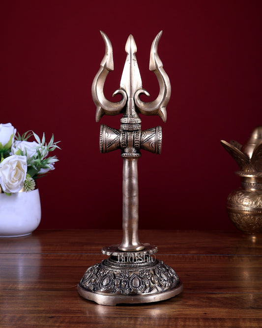 Brass Shiva Trishul Standing with Base – Table Top Spiritual Artefact 11.5 inch