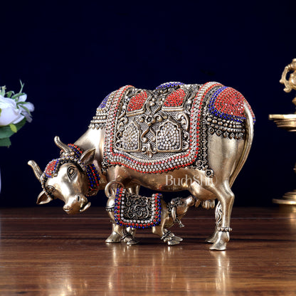 Brass Superfine Kamdhenu Cow with Calf Idol – Jewellers Work Detailing