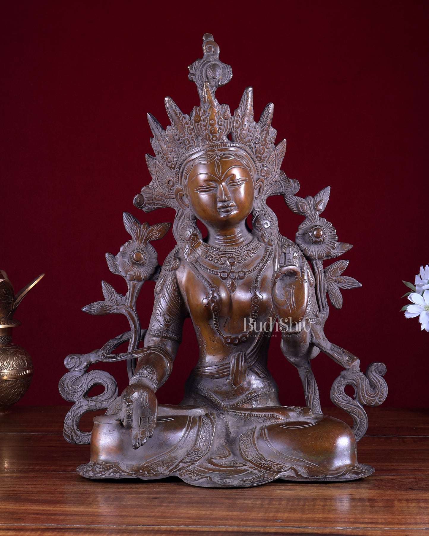 Vintage Brass White Tara Devi Statue – Rustic Tone Buddhist Deity Sculpture 15 inch