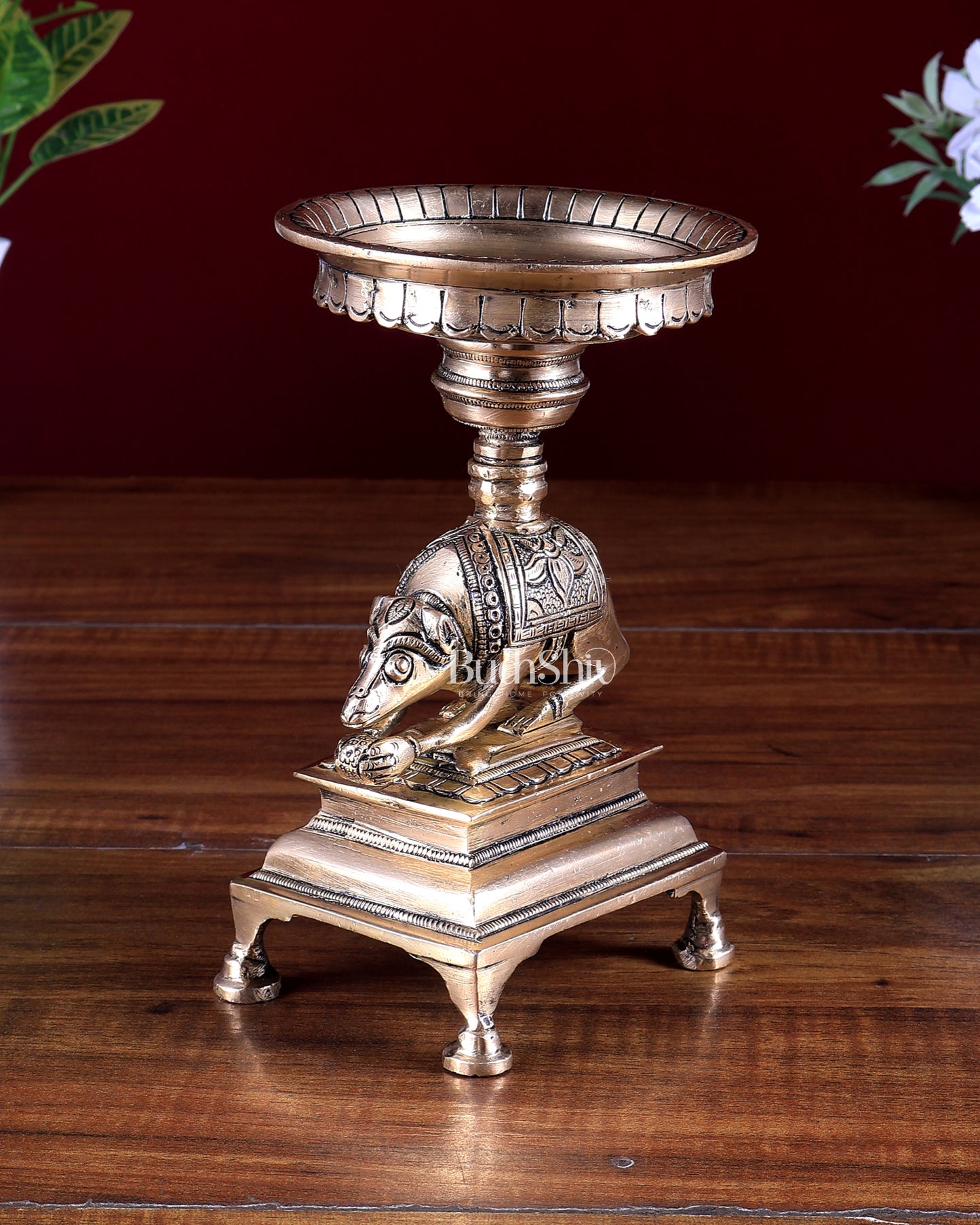 Brass Unique Mooshak (Mouse) Oil Lamp with Stand – Traditional Pooja Diya