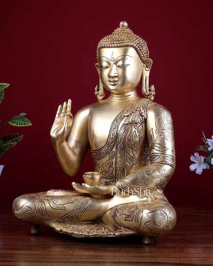 Brass Superfine Lord Buddha Statue with Beautiful Carvings 15 inch
