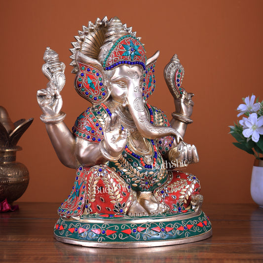 Brass Ganesha Statue with Beautiful Meenakari Work