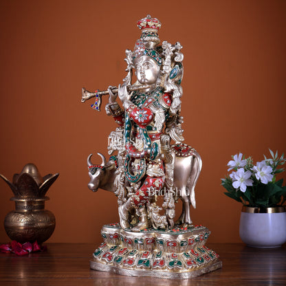 Brass Lord Krishna with Cow Statue - 17" with stonework