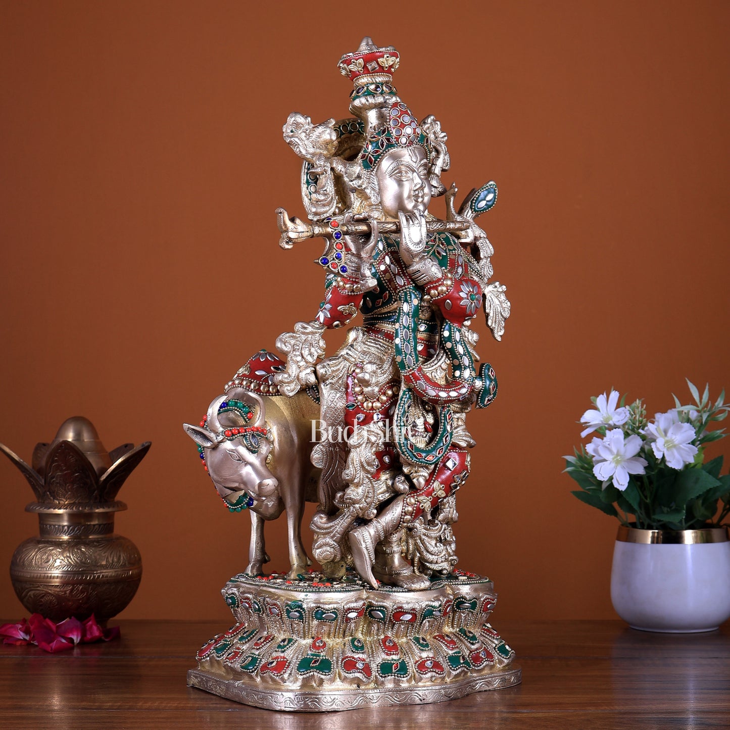 Brass Lord Krishna with Cow Statue - 17" with stonework