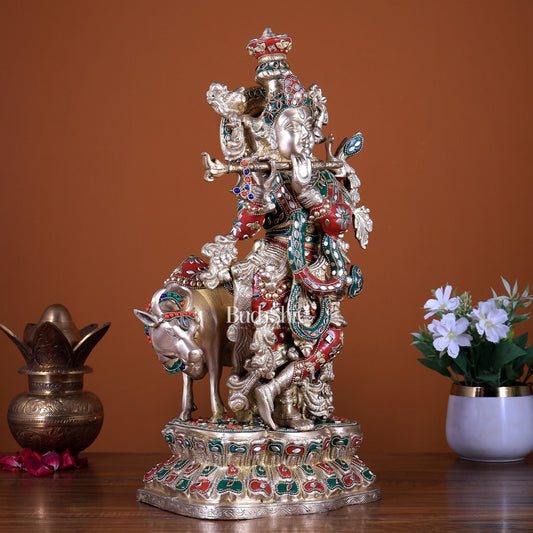 Brass Lord Krishna with Cow Statue - 17" with stonework