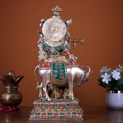 Brass Lord Krishna with Cow Statue - 17" with stonework