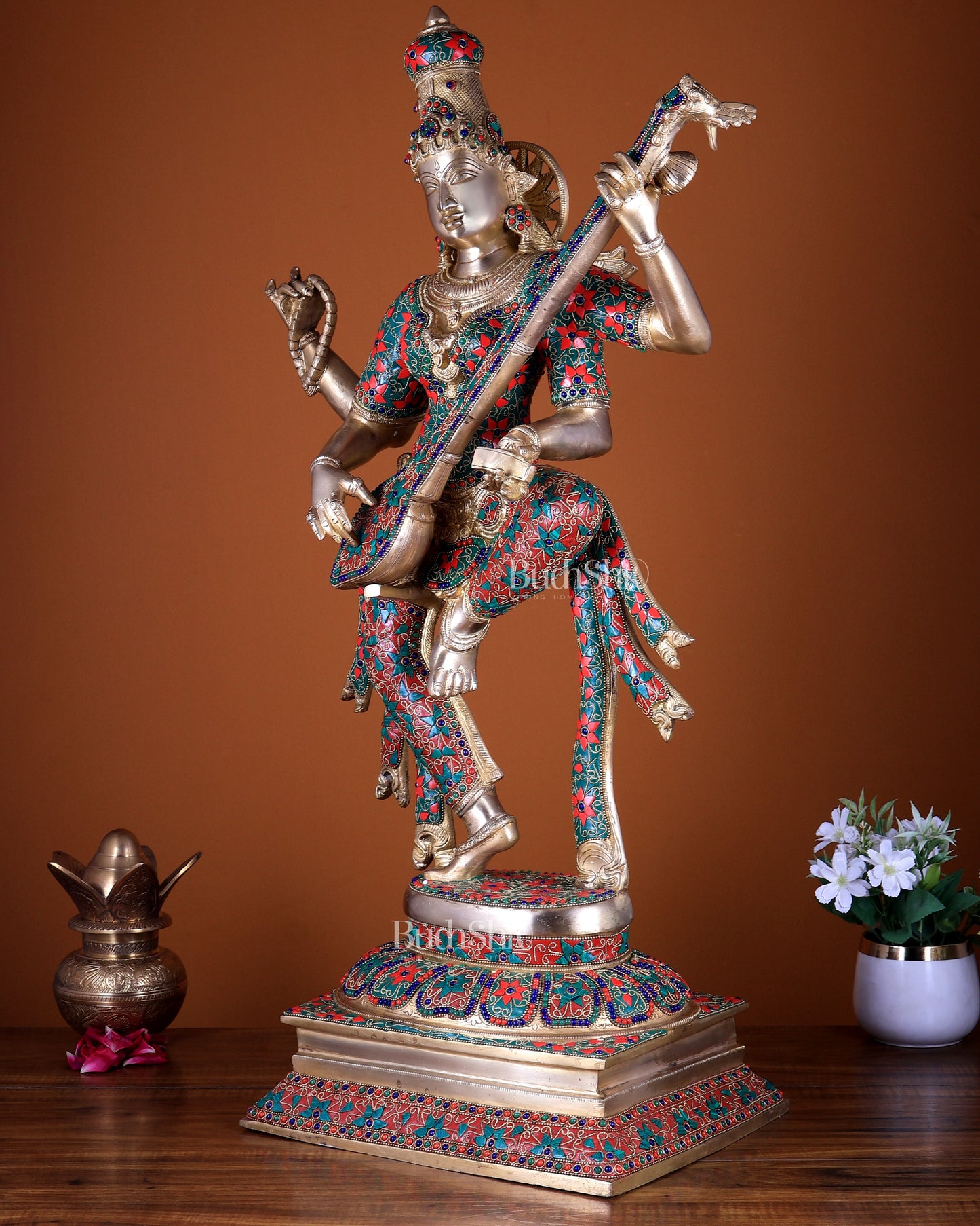 Brass Dancing Saraswati statue 32" with stonework